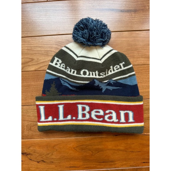 L.L. Bean Other - LL Bean Outsider Beanie Knit Hat Pom‎ Pom Mountain Landscape Green Blue Red